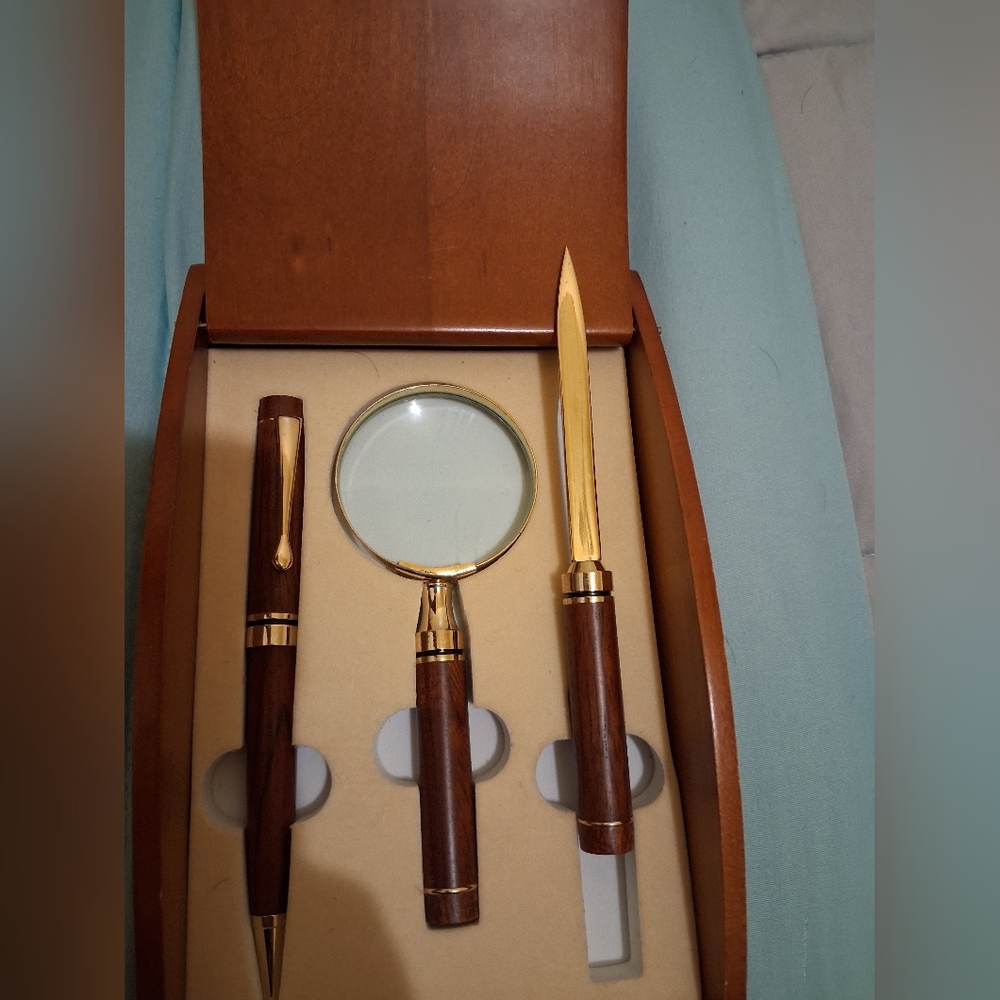 Wood & Gold Desk Accessory Set - Pen, Letter Opener, Magnifier